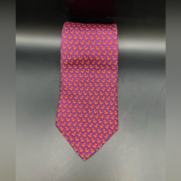 Salvatore Ferragamo- Purple and Red Ducky Patterned Men's Silk Tie, Made in USA - Picture 3 of 7